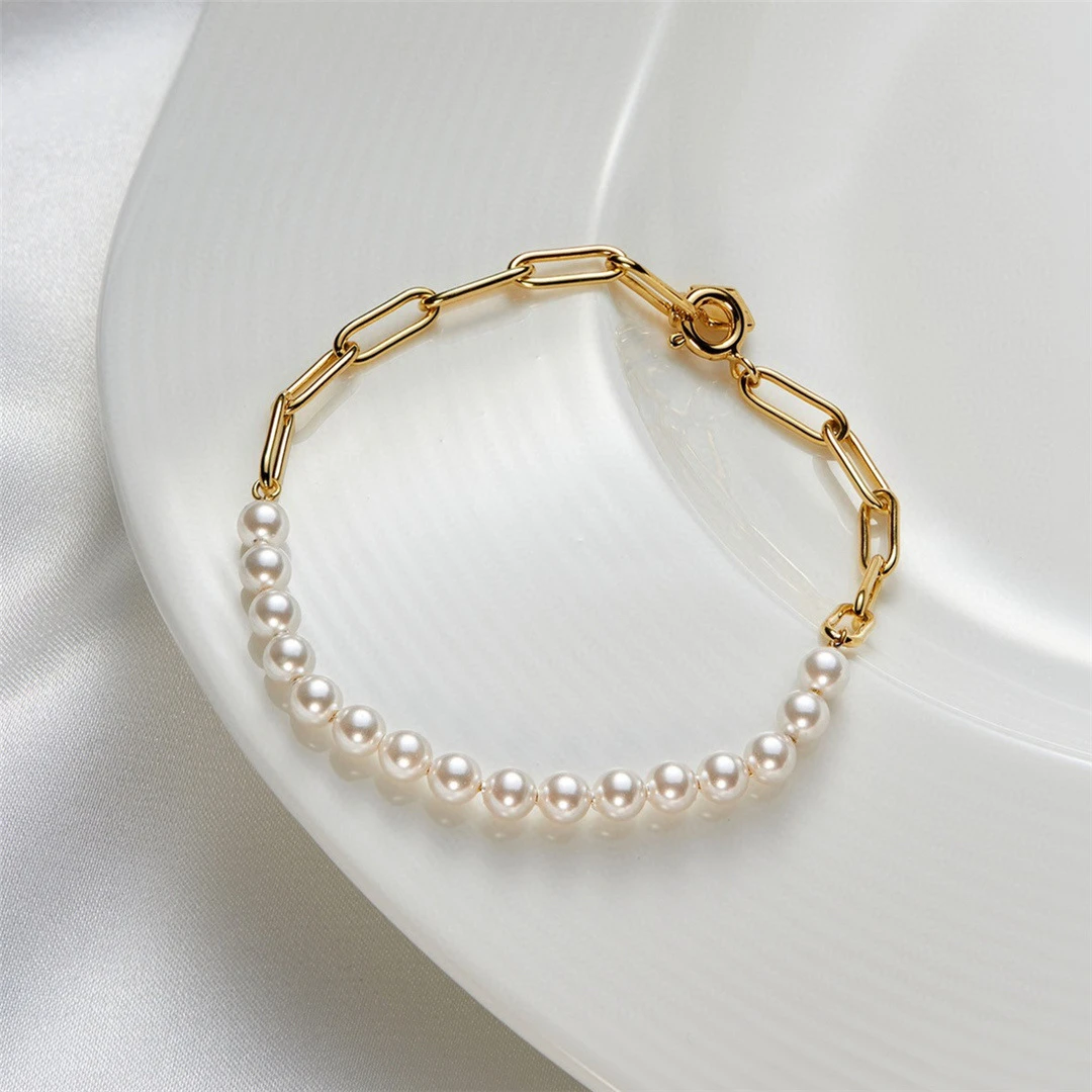 

Aimgal Simple pearl bracelet S925 silver half chain half pearl bracelet for women