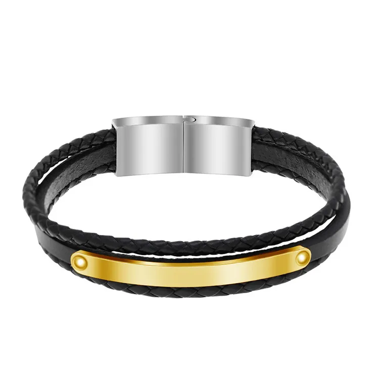

Engraved Stainless Steel Multilayered Leather Bangle for Men, Gold/ silver
