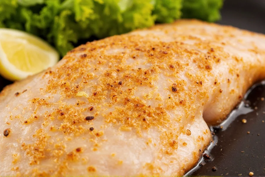 Pan seared fish fillet with golden crust and visible lemon pepper seasoning