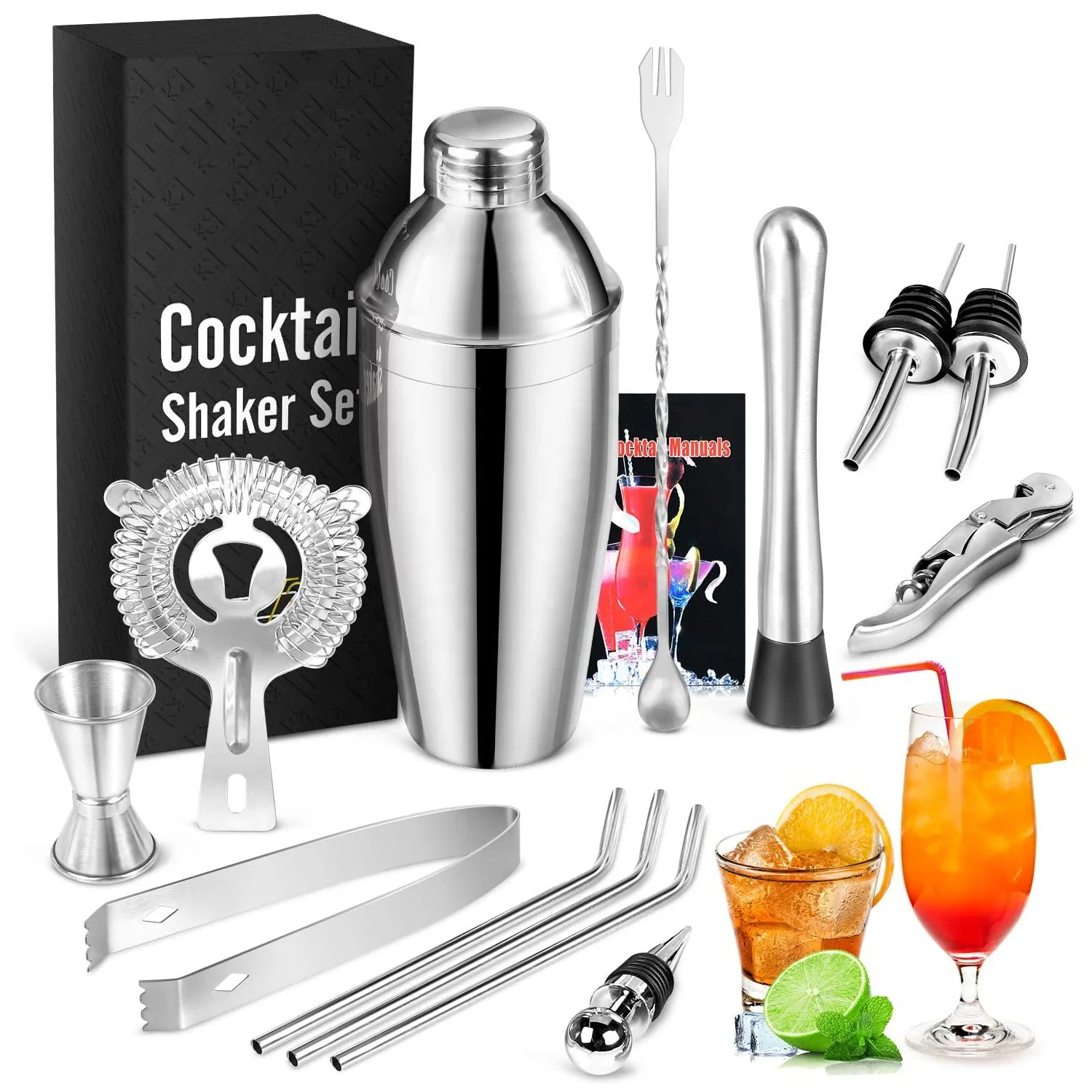 

Amazon Top Seller Custom 14 Pieces Luxury Cocktail Shaker Making Set Bar Tools 750ml Stainless Steel Bartender Kit with Recipe, Sliver