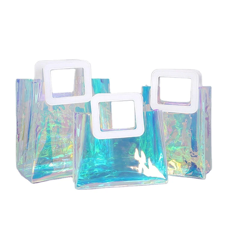 

Hot Sell Female Holographic Transparent Handbags Laser Clear PVC Tote Shopping Bag