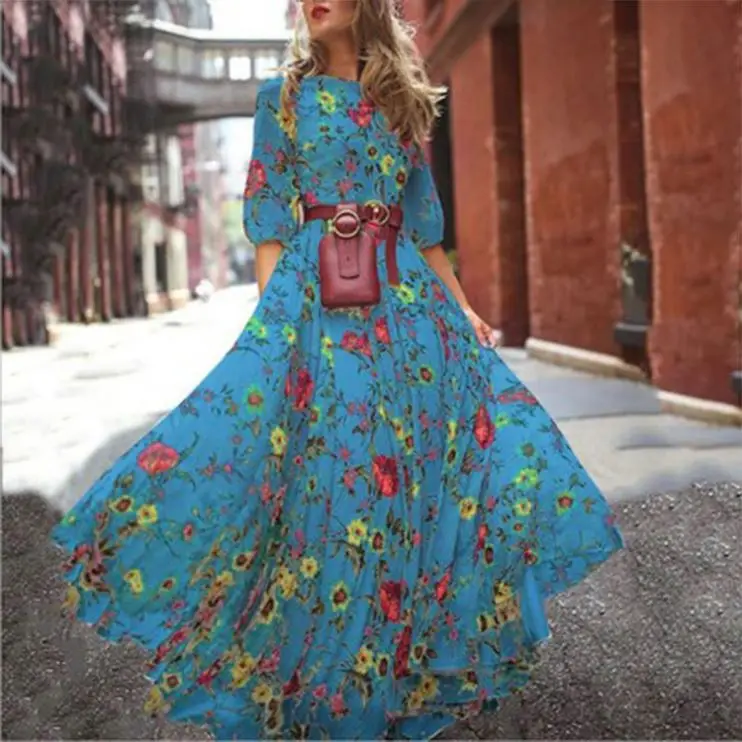 

PEARL Robe De Soiree Summer Flower Printed Crew Neck Women Casual Dress Evening Long Dresses 2021