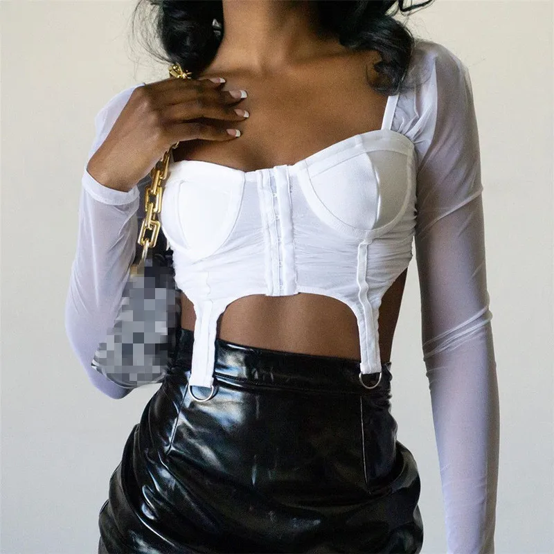 

FS2332D Female sexy crop tops Long sleeve casual Fashion mesh T shirts