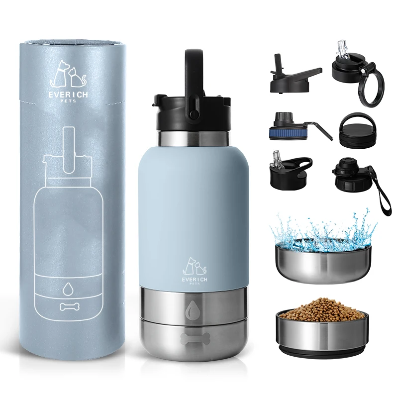 

Multi-function Double Wall Stainless Steel Portable Pet Water Bottle Insulated Vacuum Flask with Detachable Feeder Dog Bwol