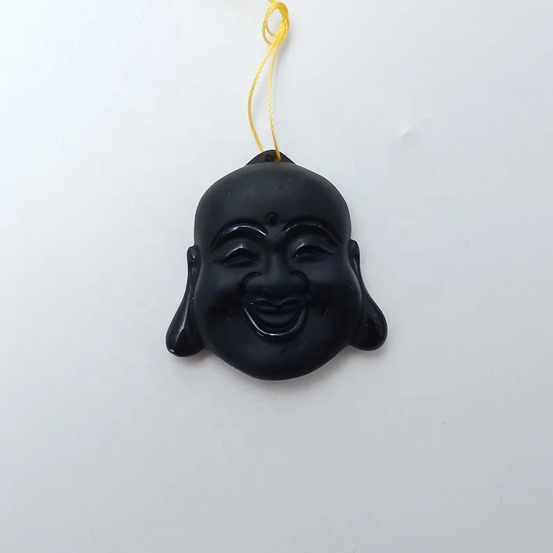 

New Carved Obsidian Buddha Head Bead Precious Stone Healing Pendant Zen Healing Stone 45x44x13mm 28g, Natural