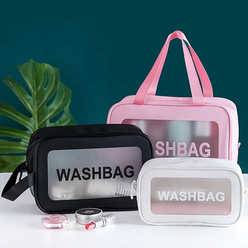 

Muliti functional different size fashion PU wide handle clear makeup bags custom logo