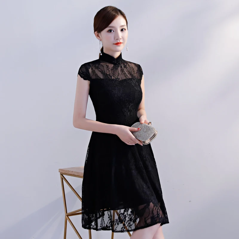 
2019 Latest Designs Chinese Morden fashion Cheongsam Elegant Black Qipao Short lace Dress For Women Party or othr Casual Wear 