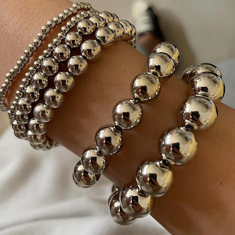 

6 Pcs/Set Fashion European American Cross Border Punk Bracelet Size Silver Beads Rice Beads Beaded Bracelet Set Holiday Jewelry