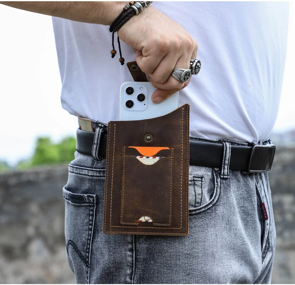 

SIKAI Classic Hanging Waist Bag Genuine Leather Purse Phone Wallet Travel Portable Bag for Men For iphone 12 Pro