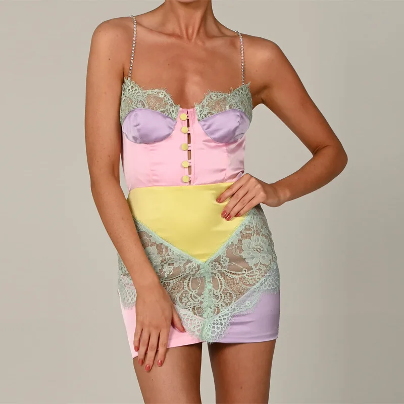 

New Arrival Sexy Diamond Lace Button Backless Mini Dresses For Women, 2 colors