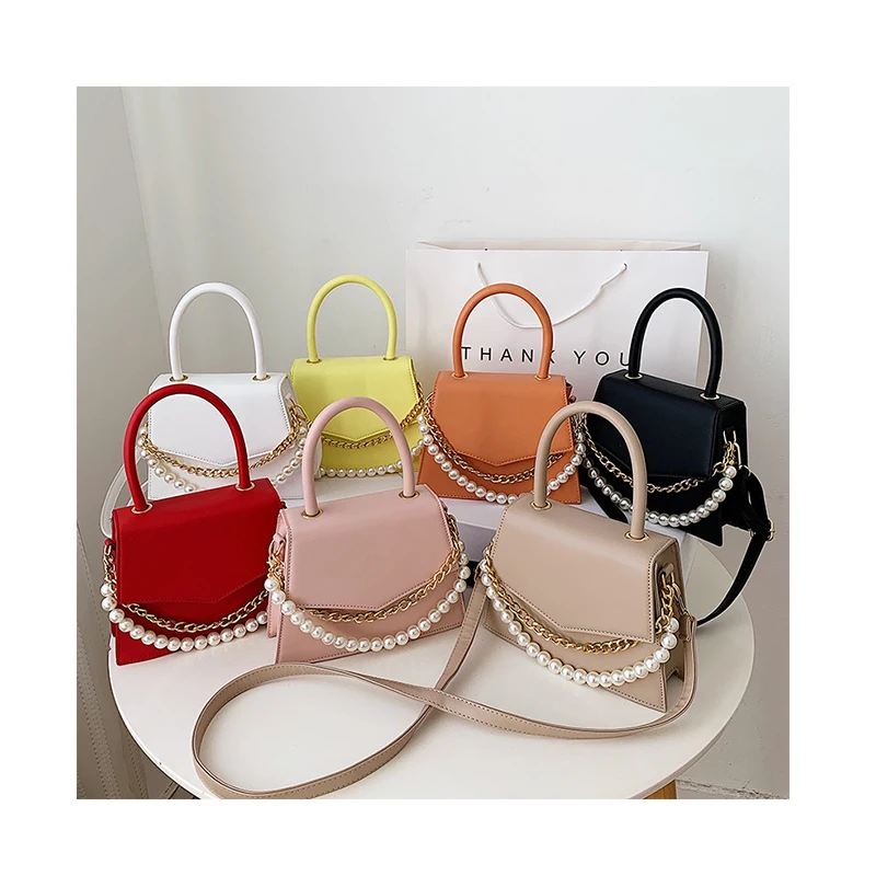 

Trendy Pearls Chain Girls Handbags Designer Trapezoid Flap Shoulder Bag Solid Colour PU Leather Crossbody Bags Women Hand Bags