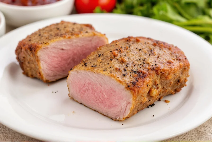 Sliced salt and pepper pork chop showing perfect pink interior on white plate