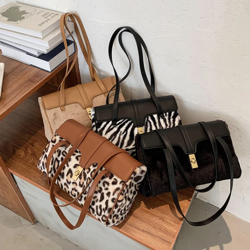 

2021 fashion designer leopard print plush leather tote luxury shoulder hand bags women handbags ladies purses with lock, 4 colors