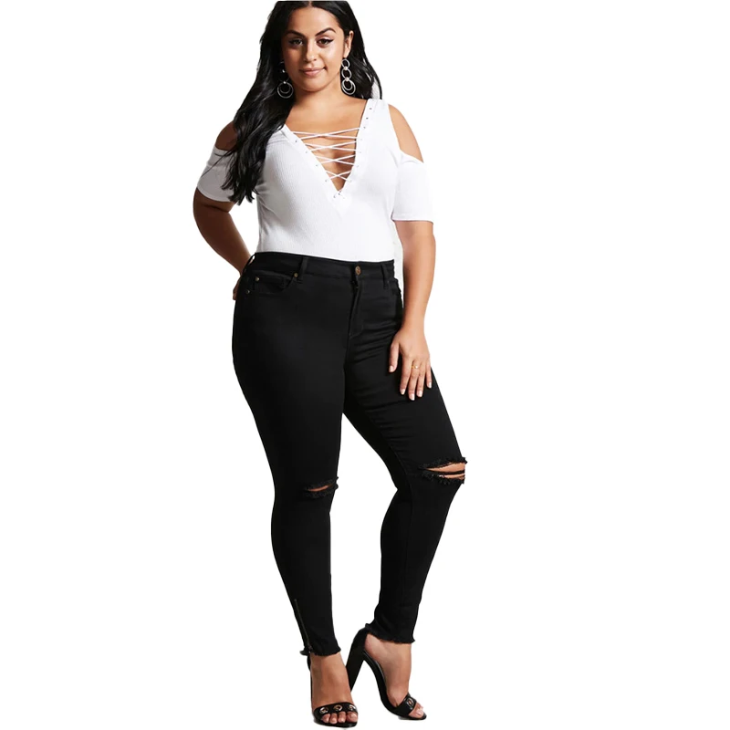 

Wholesale ladies skinny slim sexy black trousers women puls size high waist ripped denim jeans pants for woman clothing