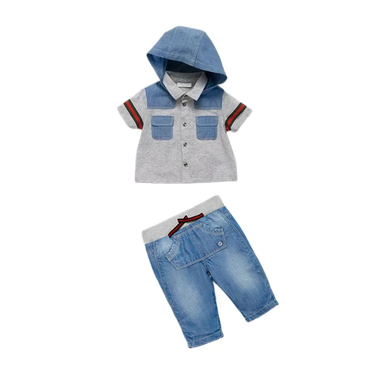 

Hot selling children wear baby boys summer style casual 2 pcs boys short sleeve hooded shirts shorts suit baby blouse jeans sets, Picture shows