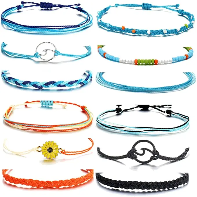 

R.GEM. Amazon Summer Jewelry Handmade Waterproof Wax String Braided Wave Adjustable Friendship Strand Set Woven Bracelet