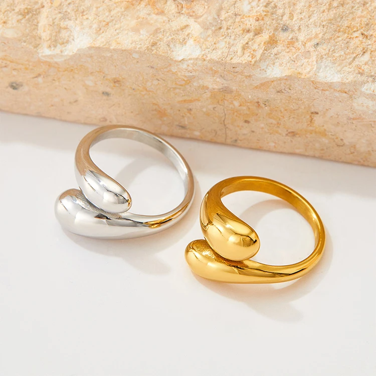 

G2153 French INS 16K PVD Gold Plated Waterdrop Tear Drop Ring Jewelry Stainless Steel Water Drop Opening Chunky Rings Women