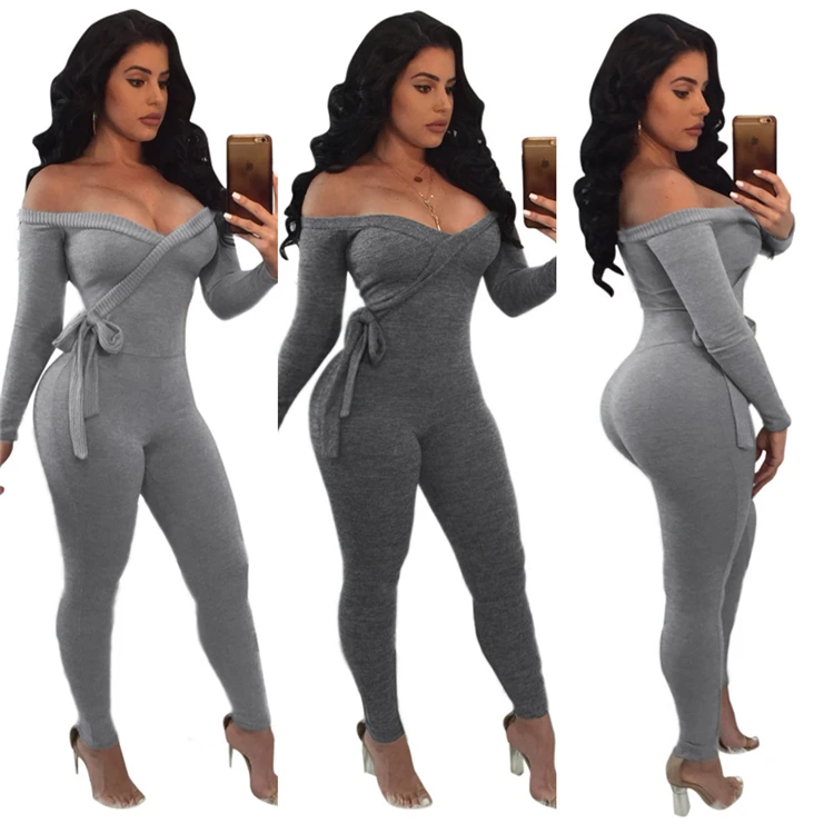 B91424 2020 new arrivals jumpsuit and rompers bodycon sexy long sleeve solid color one piece jumpsuits spring new arrivals