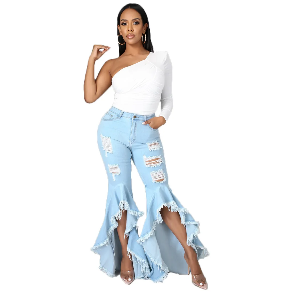 

Ladies Ripped Stretch Flare Leg Jeans Fashion Slim Long Empire Zipper Fly Bell Bottom Jeans Casual Stretch Wide Leg pants