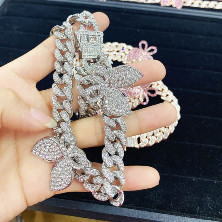 

Luxury Personalized Hot Selling Hips Hops Bling Bling Rhinestone Crystal Rose Gold Butterfly Cuban Chain Choker Necklace, As picture shows