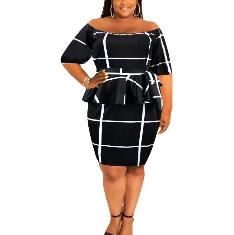 

Fashion Women Round Neck Strapless Middle Sleeve Evening Skirt Casual Dress Plus Size Women's Dresses, As picture
