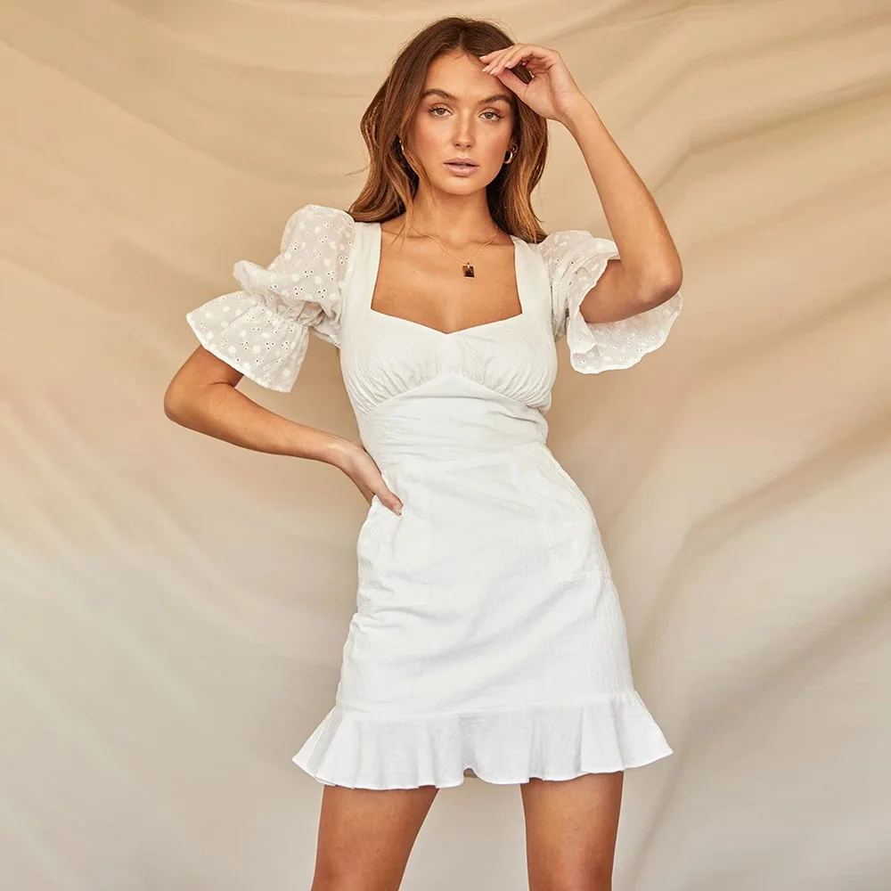 

2020 new arrivals hot selling square collar backless design short bubble sleeves women casual dresses