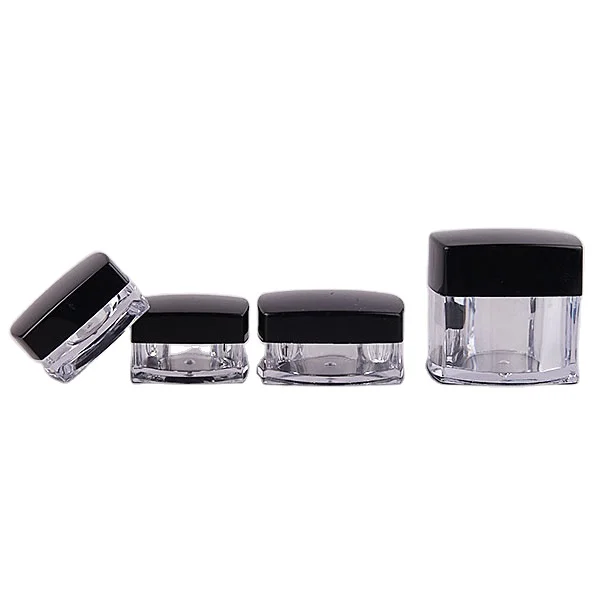 

Black lid square shape PS small transparent plastic cream jars 10 g cosmetic sample container