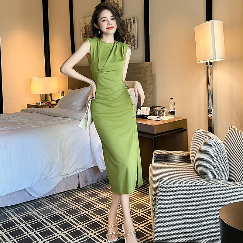

ZYHT 30503 Side Buttons Decor High Slit Solid Color Casual Daily Dress Outdoor Office Lady Simple Fitted Dress
