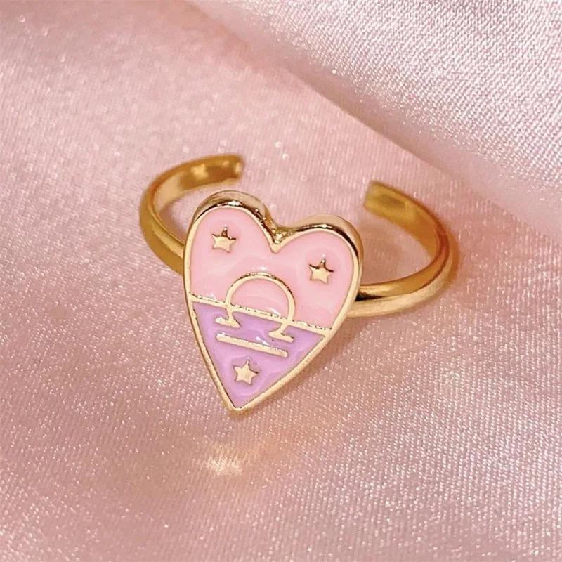 

Gold plated colorful epoxy enamel pink heart shape 12 zodiac sign open adjustable rings for women