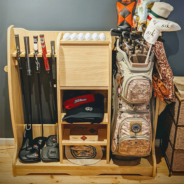 

Wooden Golf Equipment Storage Organizer Shelf Golf Rack Stand Holder Golfing Equipment Accessories Display Shelf, 7 colors
