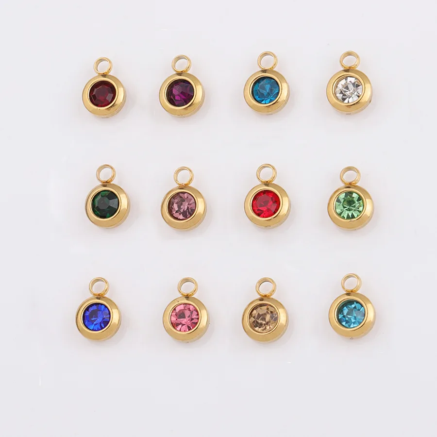 

6MM Yiwu Stainless Steel Round Birthstone Charms Pendant For DIY Necklace Bracelets Jewelry Making Findings Gold Plated Jewelry, 12 colors birthstone