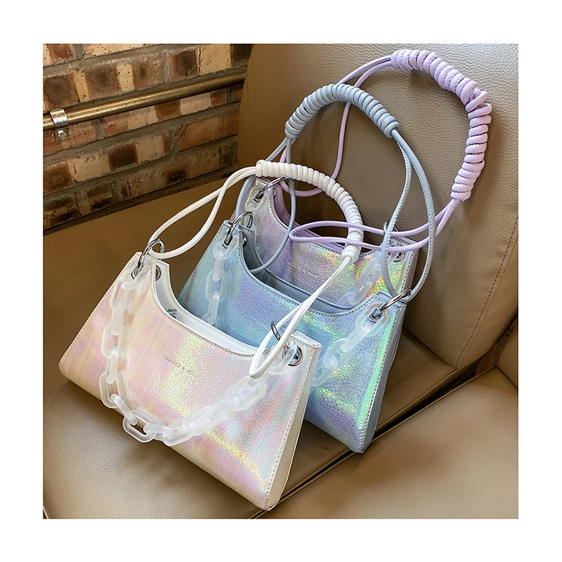 

2021 Newest Bright Leather Women Laser Underarm Bag Ladies Baguette Handbags Fashion Design Clear Acrylic Chains Shoulder Bags