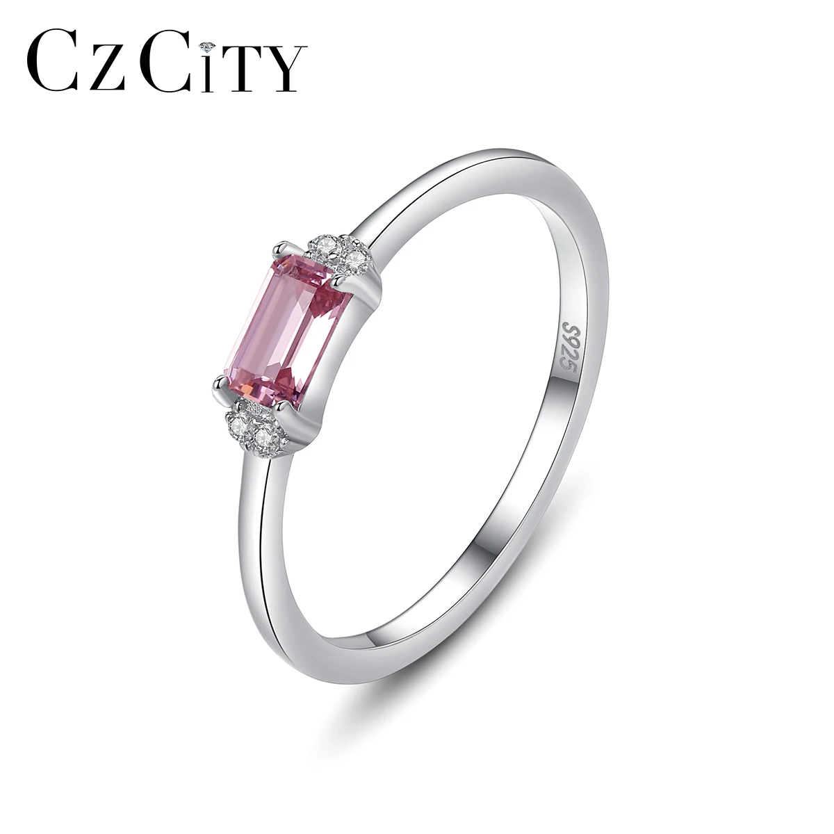 

CZCITY S925 Sterling Silver Single Ring Natural Pink Synthetic Gemstone Jewelry for Women Girlfriend Rings