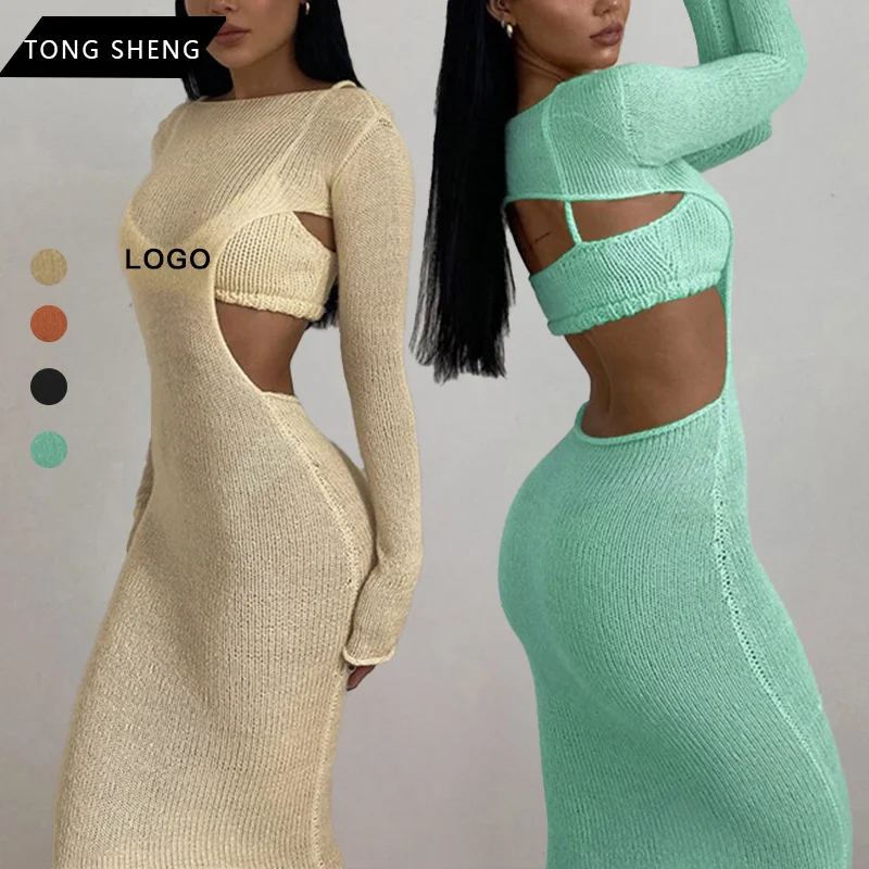 

Wholesale High Quality Women`s Fashion Knitted Camisole Long Sleeve Hollow Dress Sets Women Two Piece Set, Customized color