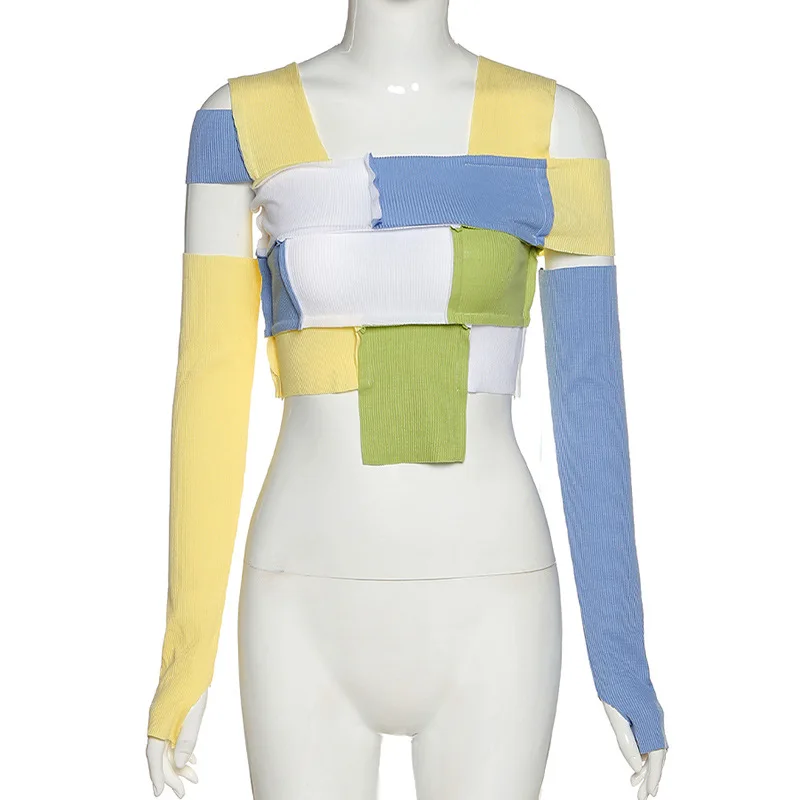 

2020 new arrivals autumn women sexy contrast panel long sleeve fashion tops