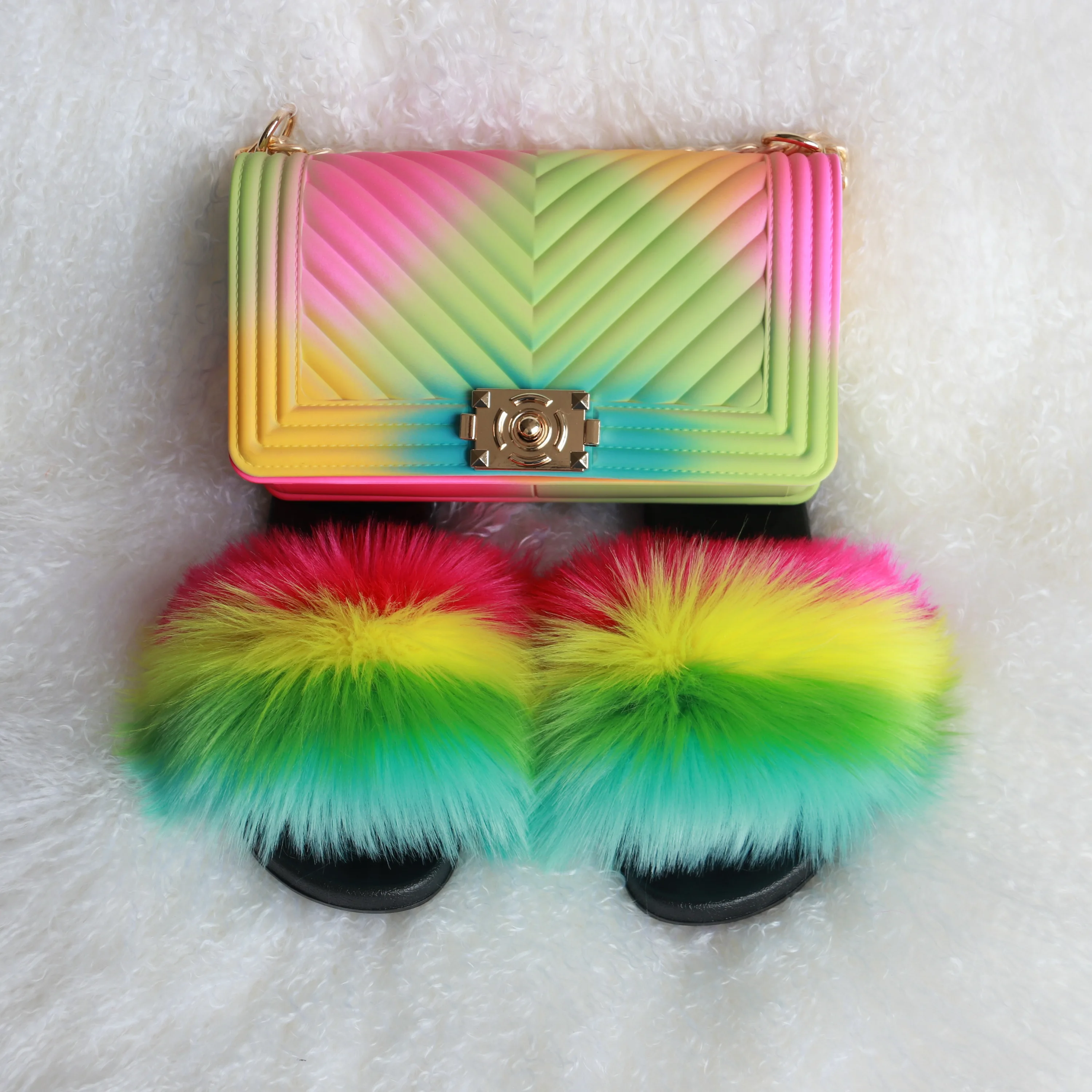 

new arrival fashion women faux fur slippers colorful handbag purse set