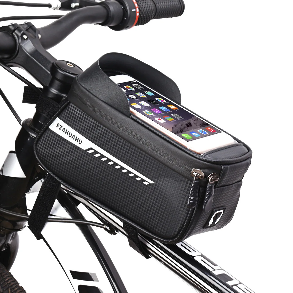 

Bike Phone Front Frame Bag - Waterproof Bicycle Top Tube Cycling Phone Mount Pack with Touch Screen Sun Visor Large Capacity, Black