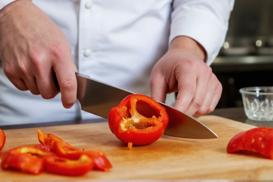 Professional chef demonstrating proper grip on chef's knife while chopping red bell pepper on wooden cutting board