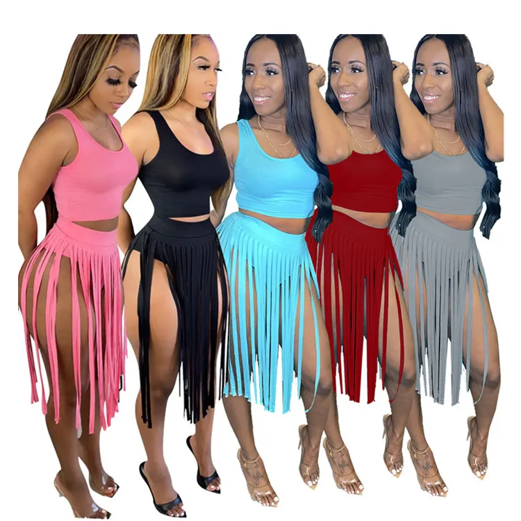 

Wholesale New Arrivals Summer 2021 Custom Logo Clothing Fashion Nightclub Vest Sexy Women Tassel Skirts Two 2 Piece Shorts Set, As picture