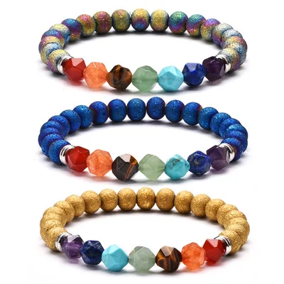 

8mm Faceted Energy Stone Crystal Bracelet 7 Chakra Handmade Yoga Agate Colorful Women Beaded Bracelet, As picture