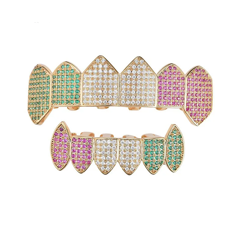 

New Arrival Iced Out Colorful Crystal Teeth Grillz Inlaid Cubic Zirconia Top Bottom Vampire Fang Teeth Grills Set, Picture