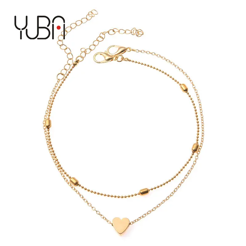 

Trendy Gold Plated Bolo Rice Bead Chain Anklets Adjustable Gold Color O Ring Chain Heart Pendant Ankle Bracelet