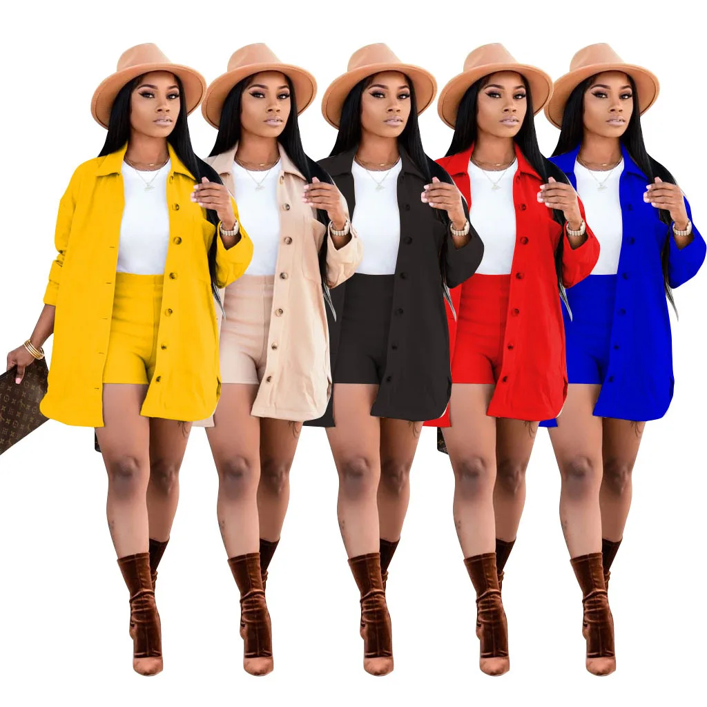 

2021 new arrive women clothing set lapel cardigan coat with short pants two piece set high waist shorts with coat, Custom choose