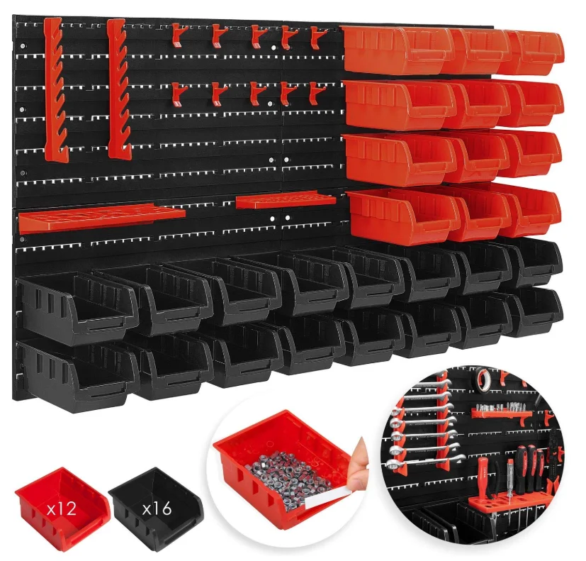 

45 pieces wall shelving stacking boxes including tool holder Wall Mounted Pegboard Tool Plastic Boxes Storage For Screws, Red + black