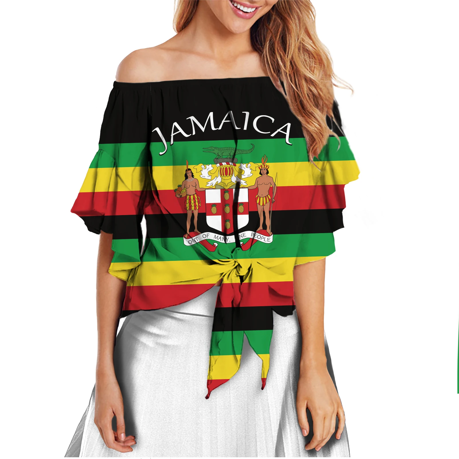 

Jamaica Flag Letter National Rasta Raggae Woman Clothes 2021 Summer Sexy Tie Knot Front Shirts for Women Chiffon Tops, Customized color