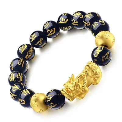 

Good Luck Wealth 10mm 12mm Imitations Obsidian Beads PiXiu Bracelet Six Words Mantra FengShui Prosperity PiXiu Bracelet