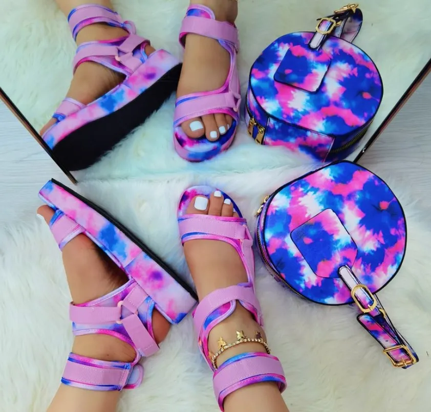 

PDEP Latest tie-dyed bright colors women falt slippers matching sandals and purse for ladies, As pictures