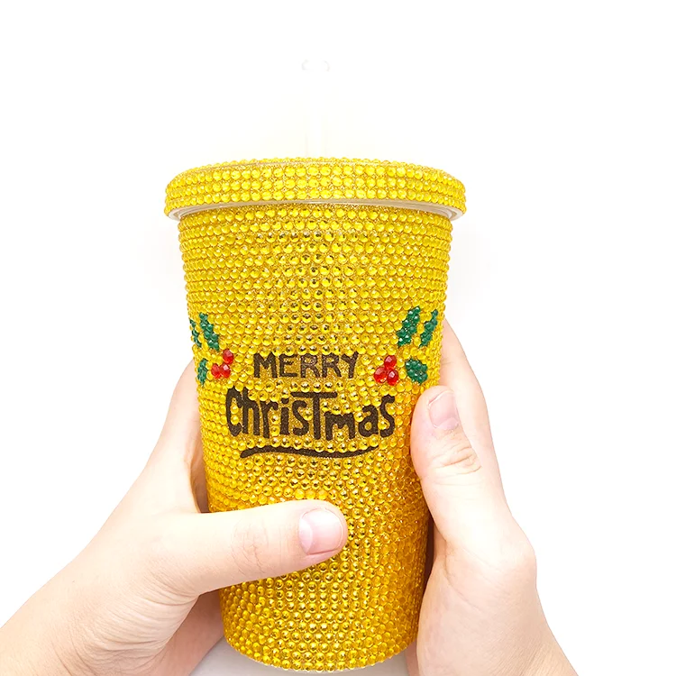 

Custom 3D Bling Luxury Decorative Rhinestones Shining Wedding gifts Gems Milk Plastic Cups
