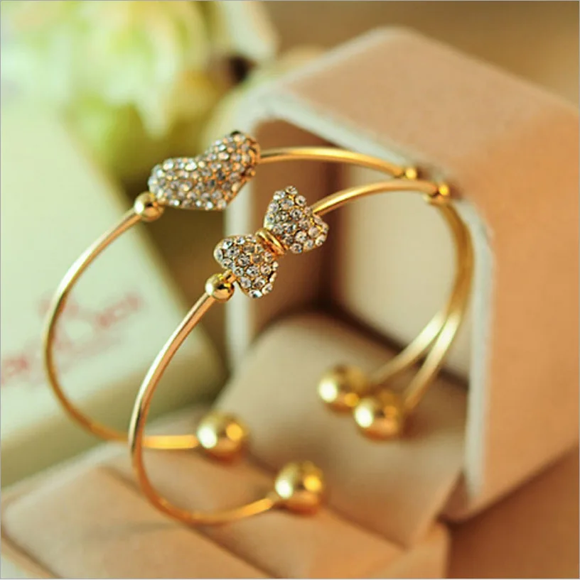 

Fashion Adjustable Crystal Double Heart Bow Bilezik Cuff Opening Bracelet For Women Jewelry, Gold.