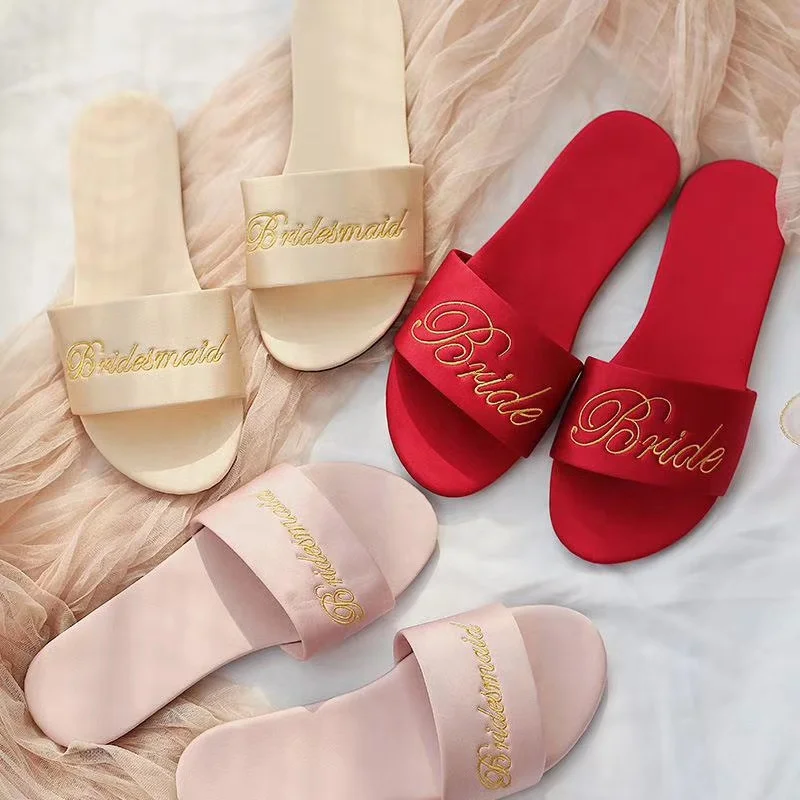 

T-014 Wholesale Wedding Party Satin bridesmaid Slippers for Bride Bachelorette Party Team luxury Slippers, Black ,red, pink,grey,green,champagne